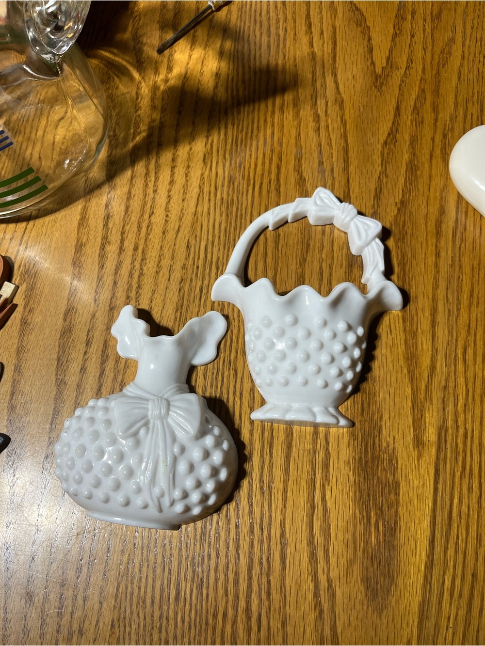 White Decorative Hobnail Milk Glass Basket and Vase Wall Pockets.